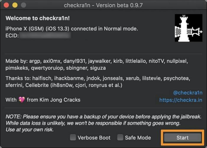 點選 Checkra1n 中的「開始」|無需密碼越獄 iPhone